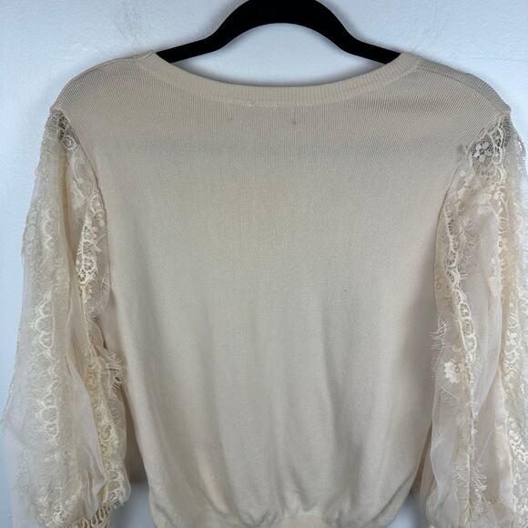 Fab'rik Womens Sheer Lace Balloon Sleeve Pullover Round Neck Beige Sweater Small - Picture 6 of 9
